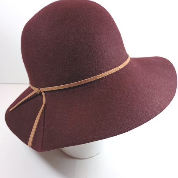 Accessories - Burgundy Wool Wide Brim Floppy Hat One Size Felt Fedora Boho Chic Excellent